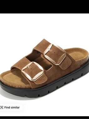 Brown Suede Double-Buckle Slide Sandals